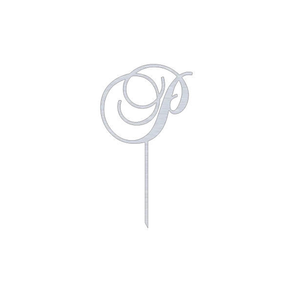 This elegant 'P' monogram cake topper features a swirling script design, crafted from high-quality Aluminum with a Natural Aluminum finish. Measuring 6.5 inches in width and 11.5 inches in height, it is perfect for adding a personalized touch to cakes at weddings, birthdays, and other special celebrations.